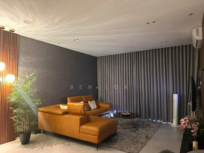Living features: brown leather sectional sofa, glass coffee table, area rug with geometric pattern, floor lamp, wall-mounted TV, curtains, recessed downlights, decorative plant, accent wall with wood paneling, grey painted walls, concrete flooring, air conditioning unit; style: modern.