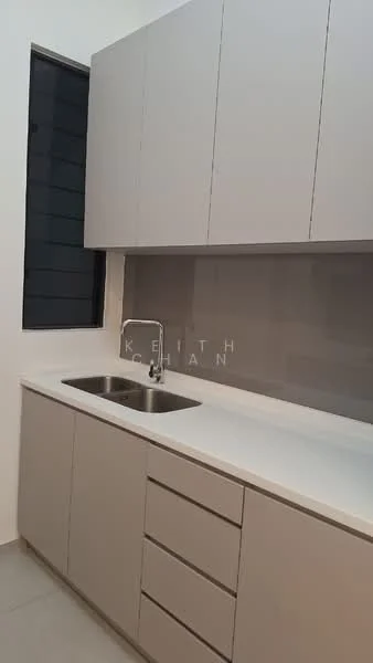 Kitchen features: single-bowl stainless-steel sink, chrome pull-down faucet, light grey cabinetry, white countertop, grey tile backsplash, built-in upper cabinets, lower cabinets with drawers, window with black frame; style: modern.