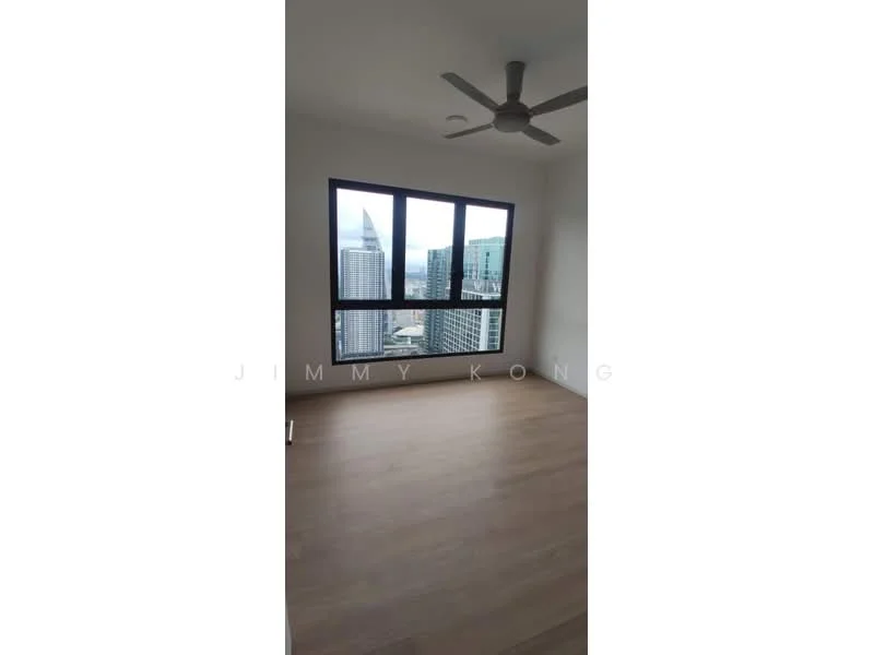 Room features: large floor-to-ceiling windows, city skyline view, light wood flooring, 5-blade ceiling fan, white painted walls; style: modern; view: city.