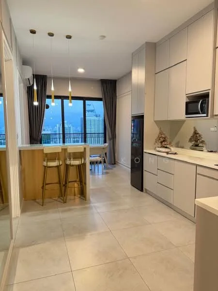 Kitchen features: white cabinets, grey countertop, stainless-steel fridge, built-in oven, 4-burner gas hob, single-bowl stainless-steel sink, chrome pull-down faucet, pendant lighting, bar seating with 3 stools, floor-to-ceiling windows, tile flooring, grey curtains; style: modern; view: city.