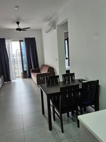 Living features: 3-seater fabric sofa in brown, dining table for 4 with black chairs, floor-to-ceiling windows, sliding glass door, grey tiled flooring, wall-mounted split AC, ceiling fan, curtains in dark color, white painted walls; style: modern; view: city.