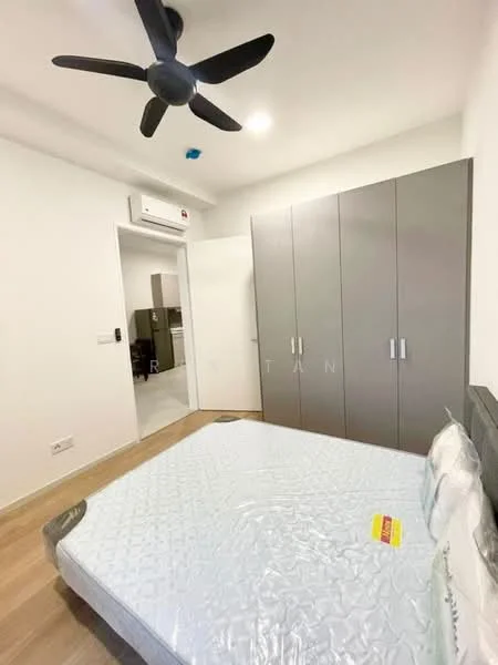 Bedroom features: queen-size bed, upholstered headboard, built-in wardrobe with grey doors, wooden flooring, 5-blade ceiling fan, wall-mounted split AC, white painted walls, window with no visible treatment; style: modern.