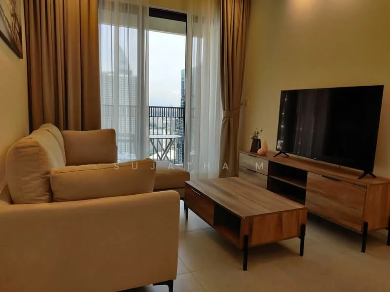 Living features: beige fabric sofa, wood coffee table, TV console, wall-mounted TV, floor-to-ceiling windows, curtains, light-colored walls, tile flooring; style: modern; view: city.