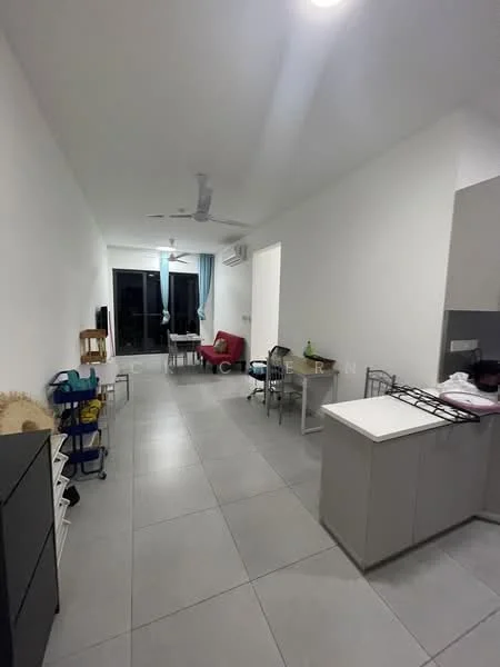 Living features: white painted walls, grey tiled flooring, 5-blade ceiling fan, floor-to-ceiling windows, curtains, sofa in red, dining table with chairs, open kitchen layout, kitchen island, refrigerator, air conditioning unit; style: modern.