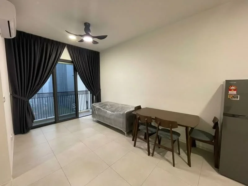 Living features: floor-to-ceiling windows, blackout curtains, 5-blade ceiling fan with light, dining table with 4 chairs, sofa covered in plastic, stainless-steel fridge, light-colored tiled flooring, white painted walls; style: modern.