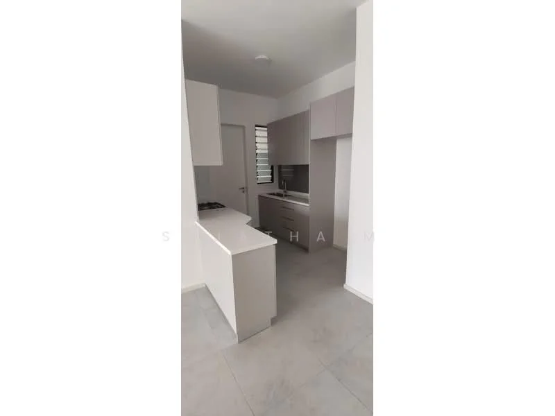 Kitchen features: light grey cabinetry, white countertop, stainless-steel sink, built-in gas hob, wall-mounted oven, tile flooring, window with horizontal slats, open layout, neutral wall colour, recessed lighting; style: modern.
