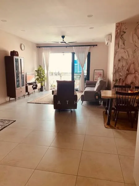 Living features: floor-to-ceiling windows, sliding glass door, 3-blade ceiling fan, sofa in light grey, armchair in brown fabric, wooden dining table, 4 dining chairs, decorative wall with floral pattern, light-colored tile flooring, potted plant, TV console, area rug with geometric pattern; style: modern; view: city.