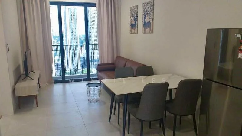 Living features: brown leather sofa, marble dining table, 4 grey upholstered dining chairs, TV console, wall-mounted TV, floor-to-ceiling windows, curtains, light-colored walls, tile flooring, decorative wall art; style: modern; view: city.