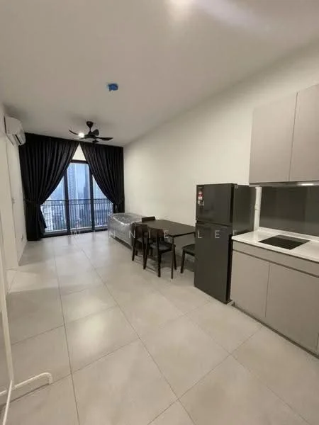 Living features: floor-to-ceiling windows, blackout curtains, 5-blade ceiling fan with light, dining table for 4, 4 dining chairs, grey cabinetry, stainless-steel fridge, built-in stove, white walls, tile flooring; style: modern; view: city.