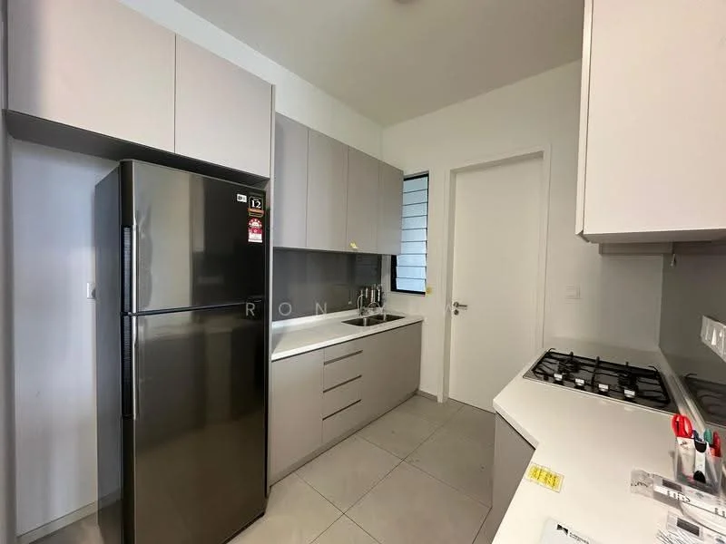 Kitchen features: black fridge, grey upper cabinets, white lower cabinets, stainless-steel sink, chrome pull-down faucet, gas stove with 4 burners, grey backsplash, countertop with integrated sink, window for natural light, tile flooring; style: modern.