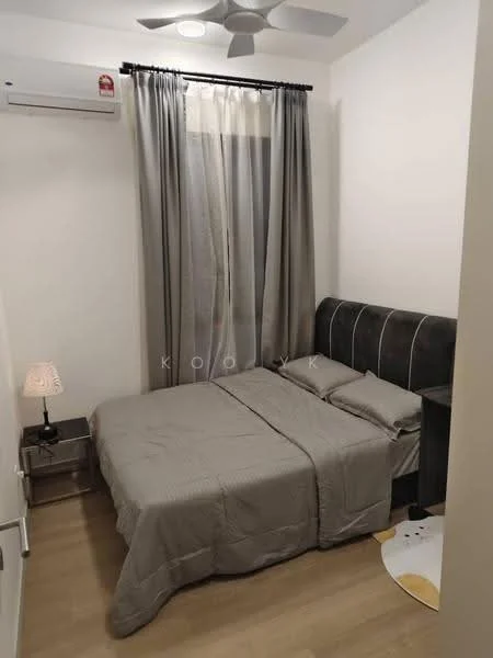 Bedroom features: queen-size bed with grey bedding, upholstered headboard, nightstand with lamp, curtains in grey, wall-mounted split AC, light-colored wooden flooring, ceiling fan, decorative wall art, window with sheer curtains; style: modern.