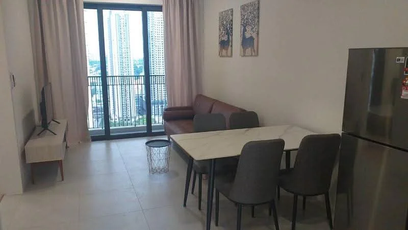 Living features: brown leather sofa, marble dining table, 4 grey upholstered dining chairs, TV console, wall-mounted TV, floor-to-ceiling windows, curtains, light-colored walls, tile flooring, decorative wall art; style: modern; view: city.