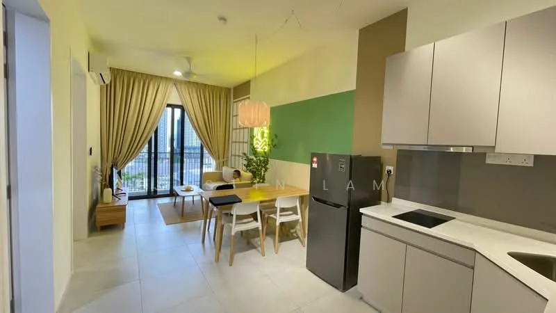 Kitchen features: white cabinetry, black countertop, stainless-steel sink, chrome pull-down faucet, built-in oven, fridge, ceramic tile flooring, recessed downlights; style: modern; view: city. Dining features: 6-seater dining table, wooden dining chairs, pendant light, decorative plant, area rug; style: modern; view: city. Living features: sofa, TV console, floor-to-ceiling windows, curtains, wall-mounted TV; style: modern; view: city.
