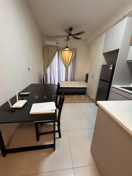 Room features: light grey tiled flooring, white painted walls, ceiling fan with light, floor-to-ceiling windows with sheer curtains, black dining table, black dining chairs, mattress on bed frame, stainless-steel fridge, white cabinetry, white countertop, wall-mounted air conditioning unit, open layout; style: modern.