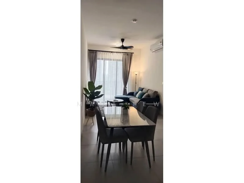 Living features: 3-seater fabric sofa in blue, ceiling fan, floor-to-ceiling windows, sheer curtains, dining table with 4 chairs, indoor plant, recessed downlights, wall-mounted air conditioning unit, light-colored walls, tile flooring; style: modern; view: city.