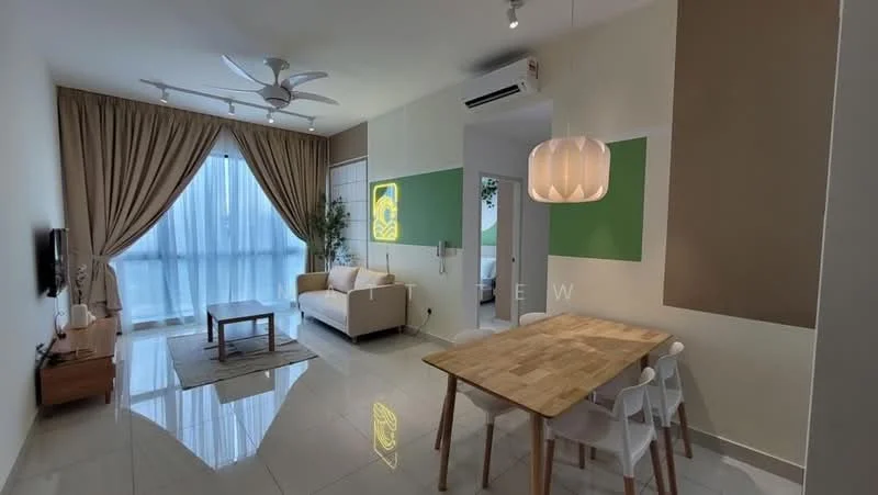Living features: 3-seater fabric sofa in beige, wooden coffee table, wall-mounted TV, TV console, area rug, floor-to-ceiling windows, sheer curtains, 5-blade ceiling fan with light, decorative plant, light-colored walls, glossy tile flooring; style: modern; view: city. Dining features: 6-seater wooden dining table, white plastic dining chairs, pendant lamp, light-colored walls, glossy tile flooring; style: modern.