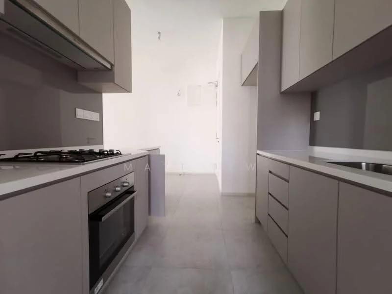 Kitchen features: grey cabinetry, white countertop, stainless-steel gas hob, built-in oven, single-bowl stainless-steel sink, modern faucet, wall-mounted cabinets, open shelving, tile flooring, neutral wall color, recessed lighting; style: modern.