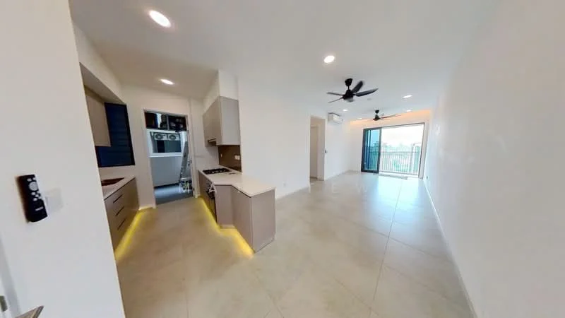 Living features: floor-to-ceiling windows, sliding glass door, 3-blade ceiling fan, recessed downlights, light-colored walls, tile flooring, open layout, balcony access, neutral decor; style: modern; view: city. Kitchen features: stainless-steel gas hob, built-in oven, kitchen cabinetry with flat-panel design, countertop with under-cabinet lighting, double-bowl sink, tile backsplash, open layout to living area; style: modern.