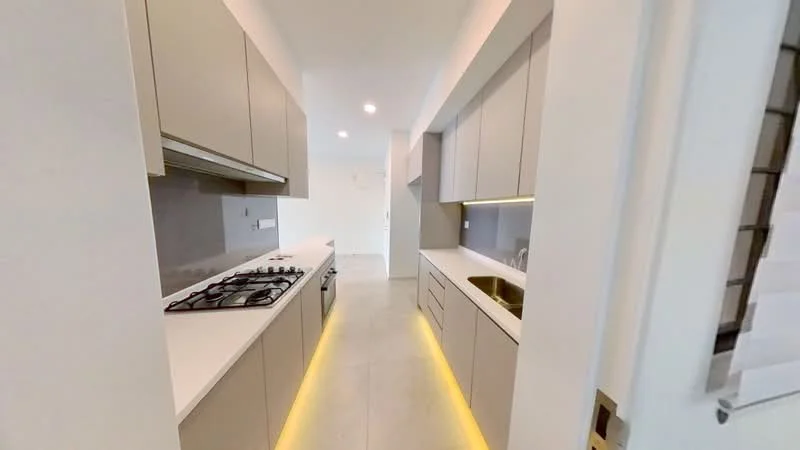 Kitchen features: light grey cabinetry, white quartz countertop, stainless-steel gas hob, built-in oven, stainless-steel sink, chrome pull-down faucet, tile backsplash, recessed LED downlights, under-cabinet lighting, open shelving, floor-to-ceiling cabinets, ceramic tile flooring; style: modern.