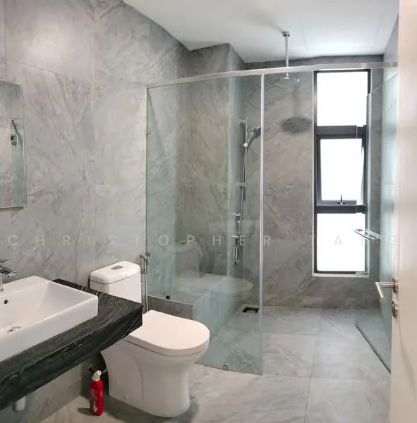 Bathroom features: grey marble tile flooring, grey marble wall cladding, walk-in shower with glass enclosure, rain shower head, handheld shower, single-sink vanity with black countertop, white toilet, framed mirror, recessed downlights, window with black frame; style: modern.
