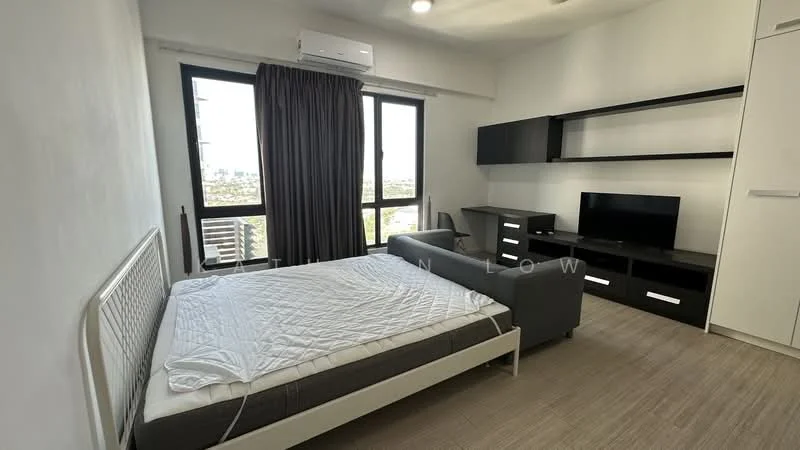 Bedroom features: queen-size bed frame without mattress, grey fabric sofa, black TV console, wall-mounted TV, built-in wardrobe with sliding doors, floor-to-ceiling windows, grey curtains, air conditioning unit, light-colored laminate flooring, neutral painted walls; style: modern; view: city.