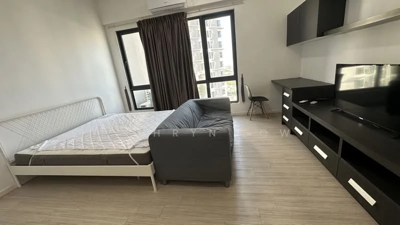 Bedroom features: queen-size bed frame without mattress, grey fabric sofa, black TV console, wall-mounted TV, floor-to-ceiling windows, brown curtains, light wood flooring, air conditioning unit, built-in shelving unit; style: modern; view: city.