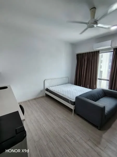 Bedroom features: queen-size bed frame without mattress, grey fabric sofa, white painted walls, light wood flooring, ceiling fan, floor-to-ceiling window, brown curtains, air conditioning unit; style: modern; view: city.