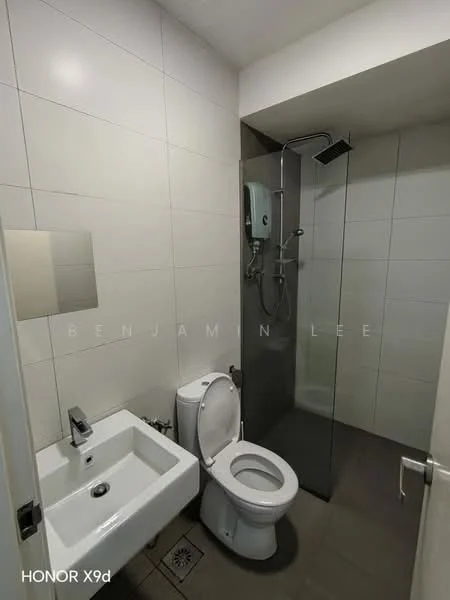 Bathroom features: white tiled walls, grey tiled flooring, single-sink vanity with chrome faucet, one-piece toilet, walk-in shower with glass enclosure, rain shower head, handheld shower, mirror above sink, wall-mounted water heater; style: modern.