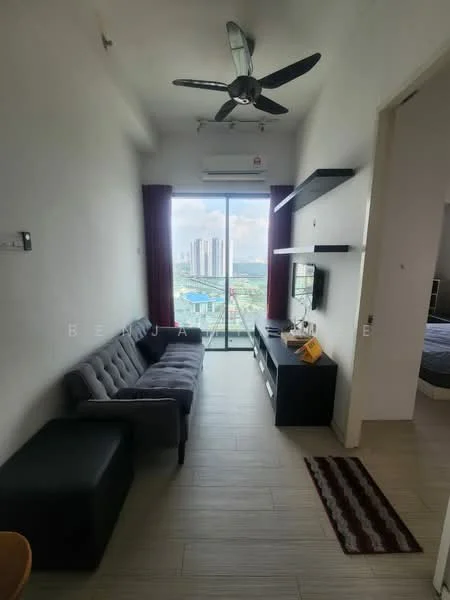 Living features: 3-seater fabric sofa in grey, ceiling fan with light, floor-to-ceiling windows, TV console, wall-mounted TV, wooden flooring, decorative rug, shelves, curtains, air conditioning unit; style: modern; view: city.