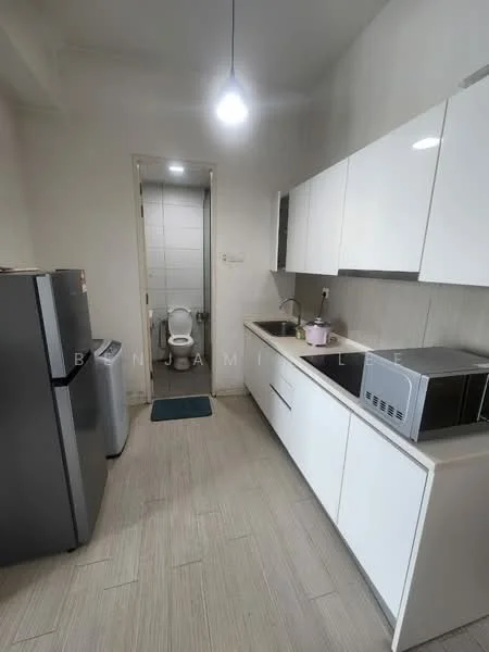 Kitchen features: white cabinetry, stainless-steel fridge, built-in microwave, ceramic tile backsplash, single-bowl stainless-steel sink, chrome pull-down faucet, countertop with grey surface, washing machine, light fixture, wood-look tile flooring; style: modern. Room features: toilet, white tiled walls, grey tile flooring.