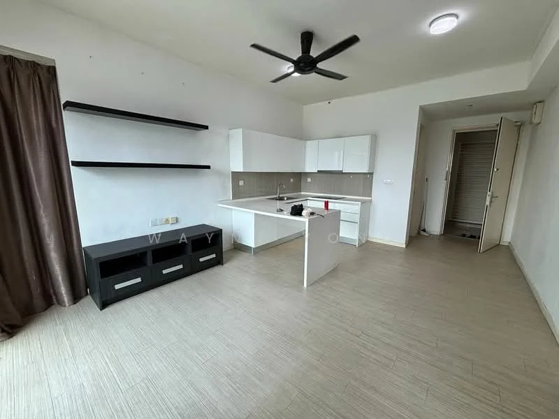 Living features: white painted walls, light wood flooring, 5-blade ceiling fan, kitchen island with countertop, built-in white cabinetry, open shelving, sliding door to hallway, curtains, recessed ceiling light; style: modern.