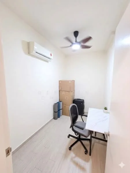 Room features: white painted walls, light-colored tile flooring, 5-blade ceiling fan with light, wall-mounted split AC, desk with marble top, office chair, cardboard boxes, luggage, small potted plant; style: modern.