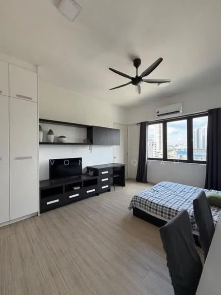 Bedroom features: queen-size bed with checkered bedding, black wooden bedside table, black TV console with drawers, white built-in wardrobe with sliding doors, ceiling fan with light, floor-to-ceiling window with city view, grey curtains, wooden flooring, air conditioning unit on wall, two dining chairs; style: modern; view: city.