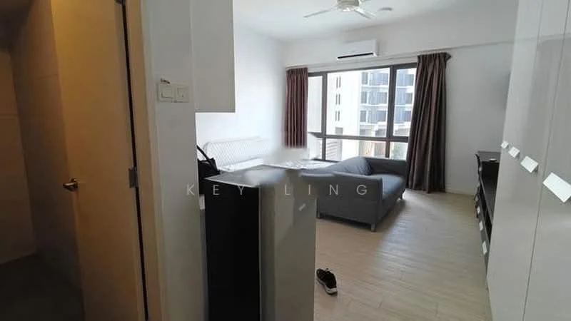 Living features: grey fabric sofa, coffee table, wall-mounted TV, floor-to-ceiling windows, curtains, light wood flooring, ceiling fan, air conditioning unit, built-in storage cabinets, decorative wall, open layout; style: modern; view: city. Room features: door, light switch, grey walls, tile flooring.