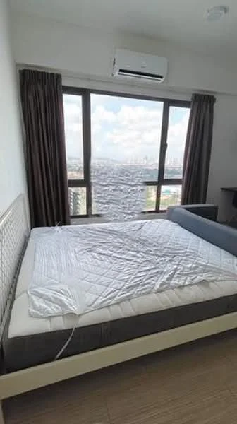 Bedroom features: king-size bed, upholstered headboard, floor-to-ceiling windows, curtains in brown, wall-mounted split AC, wooden flooring, decorative wall, city view; style: modern; view: city.