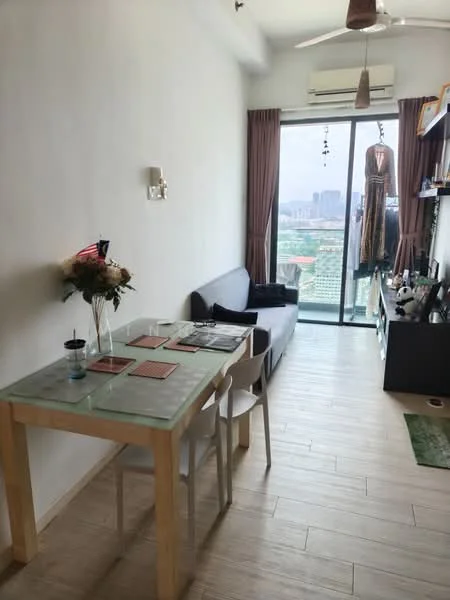 Living features: grey fabric sofa, glass dining table, white dining chairs, floor-to-ceiling windows, curtains, wooden flooring, ceiling fan, TV console, decorative items on shelves, city view; style: modern; view: city.