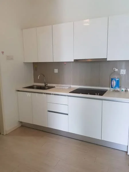 Kitchen features: white flat-panel cabinets, stainless-steel sink, chrome pull-down faucet, grey tiled backsplash, white countertop, built-in oven, stainless-steel range hood, 2-burner gas hob, under-cabinet lighting, laminate flooring; style: modern.