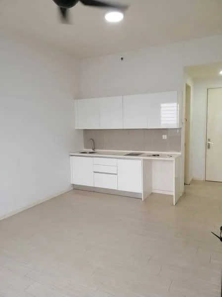 Kitchen features: white cabinetry, single-bowl stainless-steel sink, chrome pull-down faucet, white countertop, built-in stove, wall-mounted cabinets, light-colored tile flooring, recessed downlights, ceiling fan; style: modern.