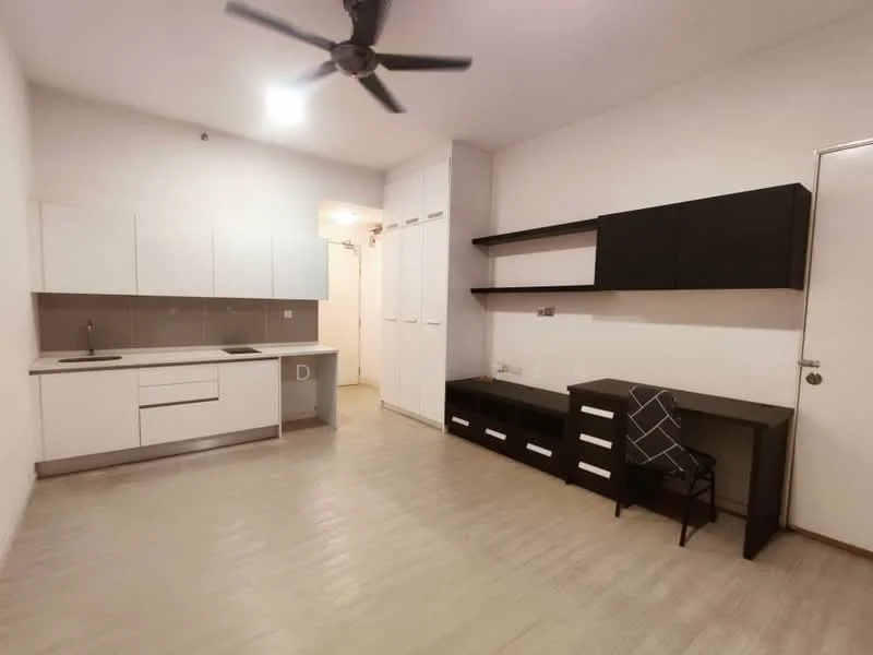 Kitchen features: white cabinetry, grey countertop, single-bowl stainless-steel sink, chrome pull-down faucet, built-in oven, freestanding range oven, ceramic tile backsplash, recessed downlights; style: modern. Living features: light wood flooring, ceiling fan, wall-mounted shelves, black media console, study desk, white painted walls, built-in wardrobes, open layout; style: modern.