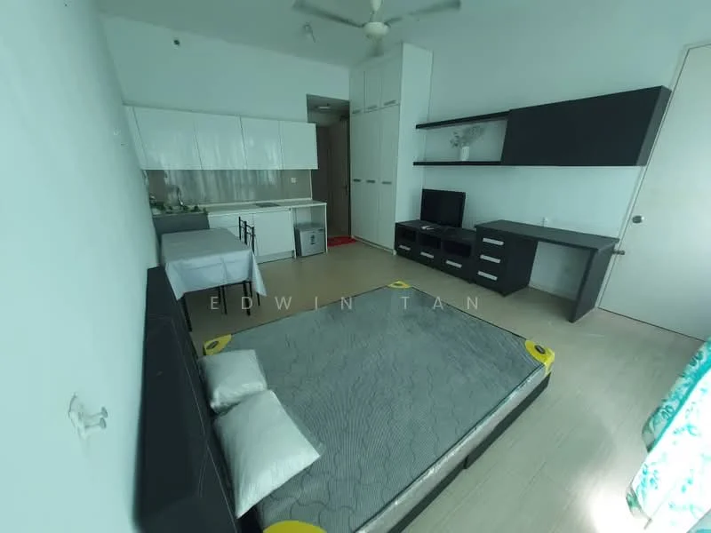 Room features: white painted walls, light wood flooring, ceiling fan, built-in wardrobe, black TV console, wall-mounted TV, white kitchen cabinets, stainless-steel sink, small dining table, two dining chairs, mattress on bed frame, open space layout; style: modern.