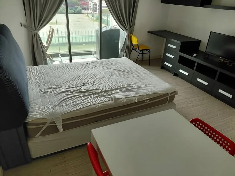 Bedroom features: queen-size bed with mattress, light wood flooring, floor-to-ceiling window, grey curtains, black TV console, wall-mounted TV, white dining table, red dining chairs, black shelving unit, decorative wall shelf; style: modern; view: city.