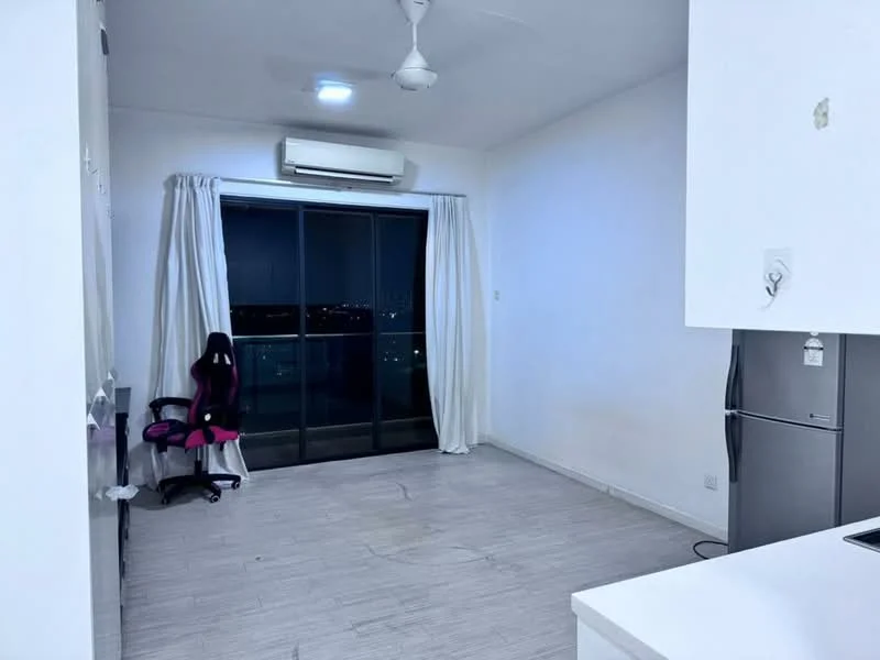 Living features: white painted walls, light-colored flooring, 5-blade ceiling fan, wall-mounted air conditioning unit, floor-to-ceiling sliding glass door, curtains, black office chair, refrigerator; style: modern; view: city.