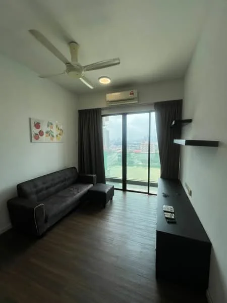 Living features: 3-seater fabric sofa in dark grey, ottoman, wall-mounted TV console, floor-to-ceiling windows, curtains, 5-blade ceiling fan, wall-mounted air conditioning unit, wood laminate flooring, decorative artwork on wall; style: modern; view: city.