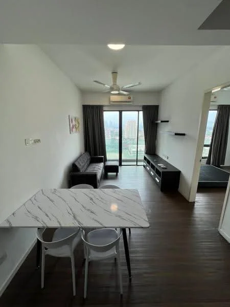 Living features: white painted walls, wooden flooring, 5-blade ceiling fan with light, floor-to-ceiling windows, sliding glass door, grey fabric sofa, marble-top dining table, 2 white plastic chairs, TV console, decorative wall shelf, curtains, city view; style: modern; view: city.