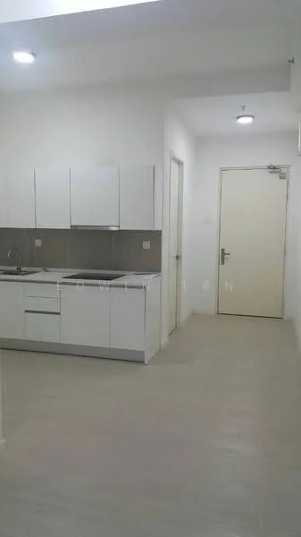 Kitchen features: white cabinetry, grey countertop, stainless-steel sink, chrome pull-down faucet, built-in oven, freestanding range oven, ceramic tile flooring, recessed LED downlights, wall-mounted door, neutral wall colour; style: modern.