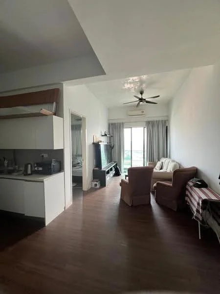 Living features: wooden flooring, white painted walls, 5-blade ceiling fan, sofa in beige, TV console, wall-mounted TV, curtains, large window with city view, decorative wall shelf, area rug, coffee table; style: modern; view: city. Kitchen features: white cabinetry, stainless-steel sink, kitchen countertop, kitchen appliances visible, open layout; style: modern.