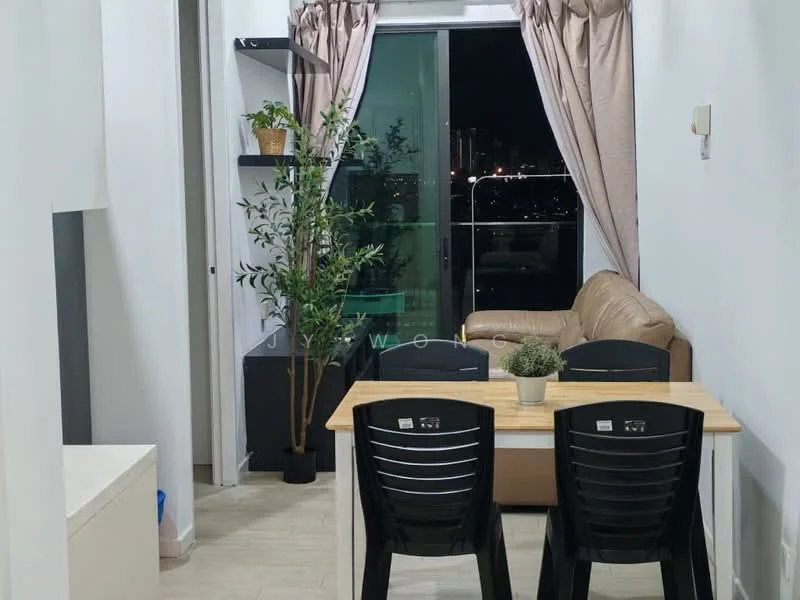 Dining features: wood dining table, 4 black plastic dining chairs, floor-to-ceiling windows, curtains, indoor plant in pot, light-colored flooring, decorative plant on shelf, sofa in beige, shelf unit against wall; style: modern; view: city.