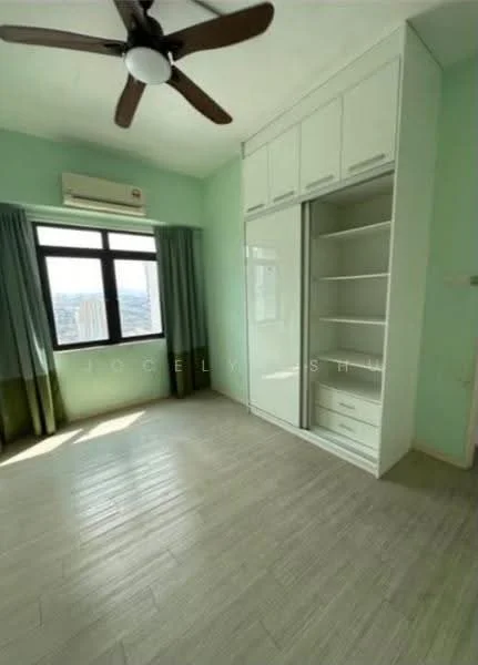 Bedroom features: green painted walls, laminate flooring, 5-blade ceiling fan, floor-to-ceiling window, curtains, built-in wardrobe with sliding doors, shelving unit, air conditioning unit; style: modern; view: city.