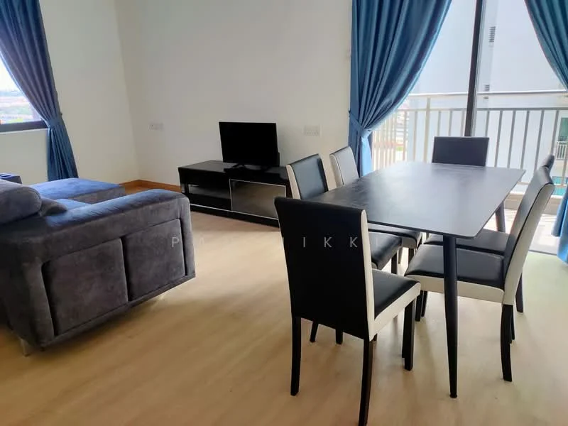 Living features: grey fabric sofa, black TV console, wall-mounted TV, 6-seater dining table, black dining chairs with cream upholstery, floor-to-ceiling windows, blue curtains, laminate flooring, open layout; style: modern; view: city.