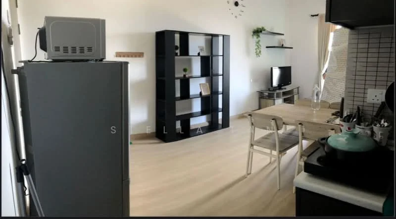 Living features: light wood flooring, white painted walls, black shelving unit, small TV on stand, dining table with four chairs, refrigerator, kitchen countertop, window with sheer curtains, decorative wall clock; style: modern.